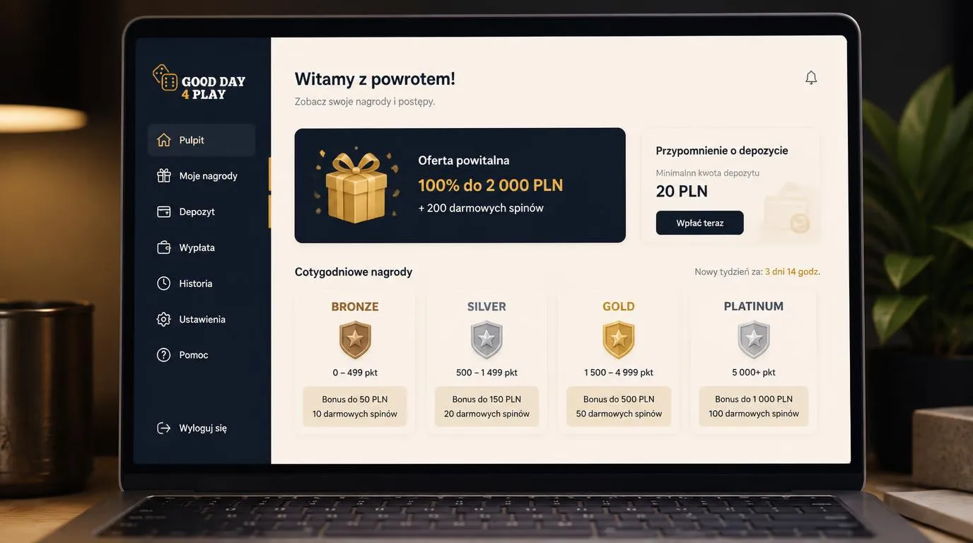 Zestawienie bonusu powitalnego i czterech poziomów nagród tygodniowych w kasynie online