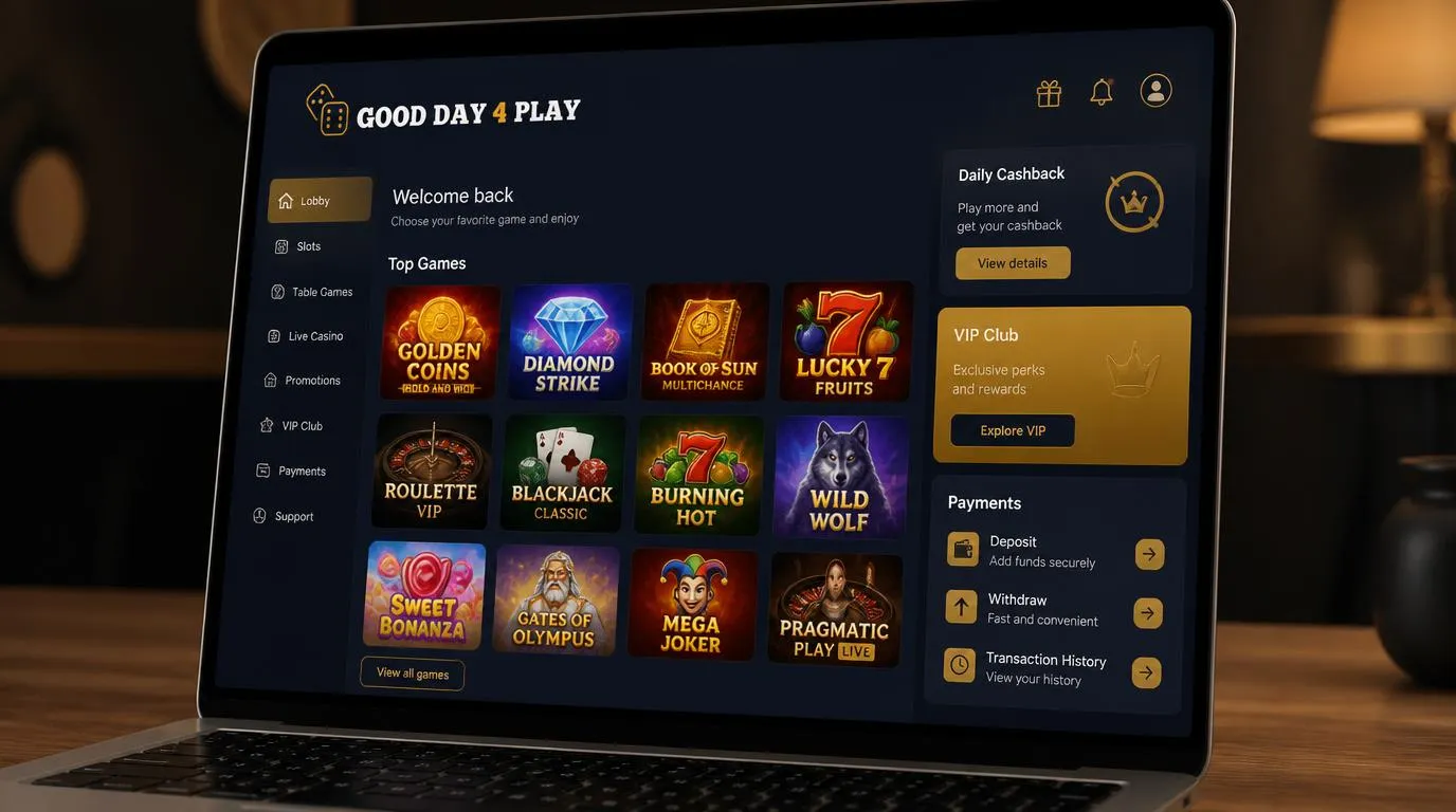 Ekran kasyna z kafelkami gier, ofertą cashback i panelem metod płatności