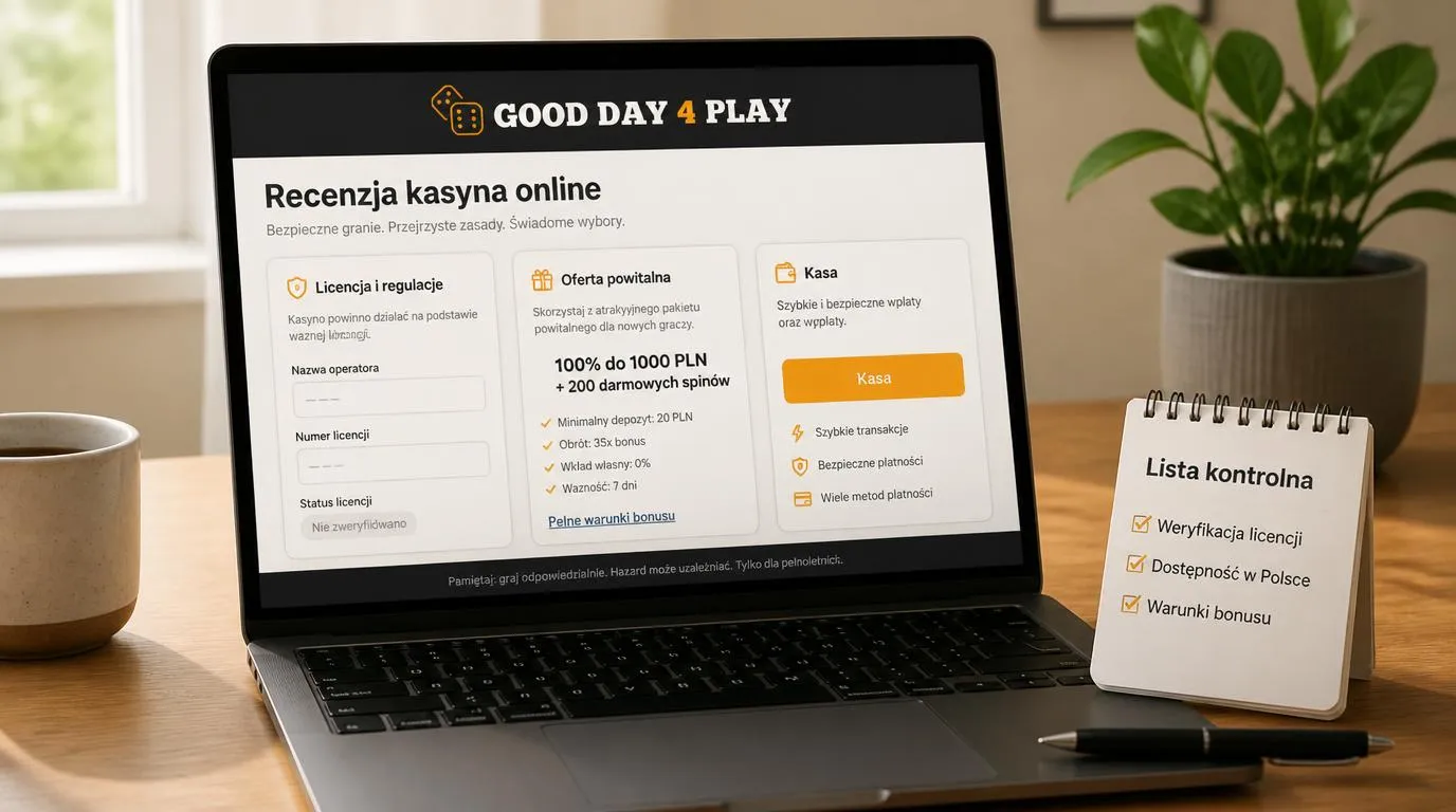 Ekran kasyna z informacjami o licencji, warunkach bonusu powitalnego i przyciskiem kasy
