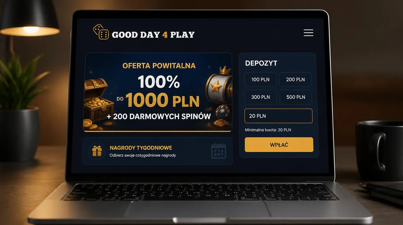 Ekran z ofertą 100% do 1000 PLN, 200 darmowych spinów i minimalnym depozytem 20 PLN